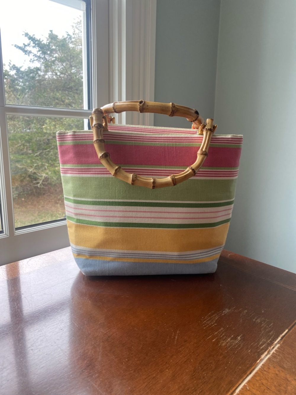 Striped Canvas Mini Tote with Bamboo Handles - Pink, Green, Yellow, Blue